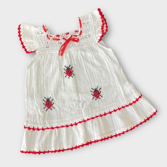 Girls Handmade Ladybug Embroidered Dress | White/Red | Sz 1 - Picture 1 of 4